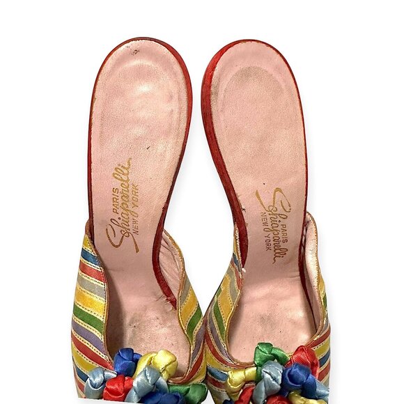 Vintage Schiaparelli Rainbow Satin Heels –1950s 60s Mules with Ribbon Rosette, - Picture 16 of 16
